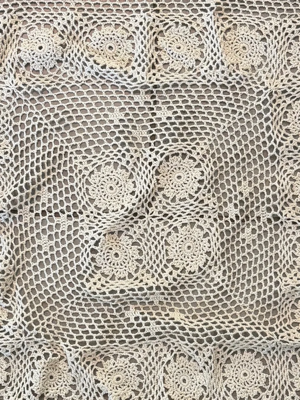 Vintage Hand Crocheted Floral Table Topper 38” Square Scalloped Edges